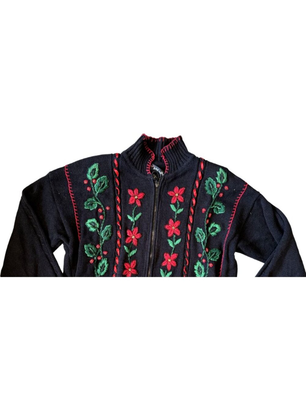 Work In Progress Christmas Sweater Poinsettia Black Embroidered Cardigan XL Zip - Picture 2 of 6